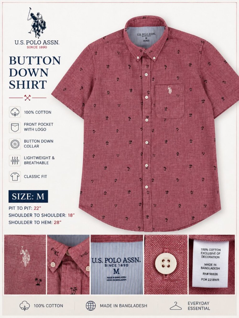 U.S. Polo Assn Tropical Button Up 🌴 Red Cotton Shirt Medium